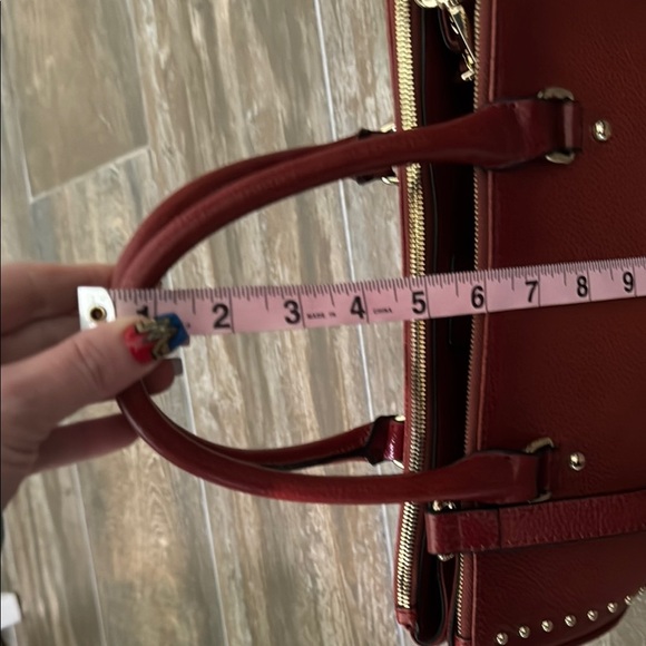 Red Studded leather Satchel with gold Accents - Picture 12 of 15
